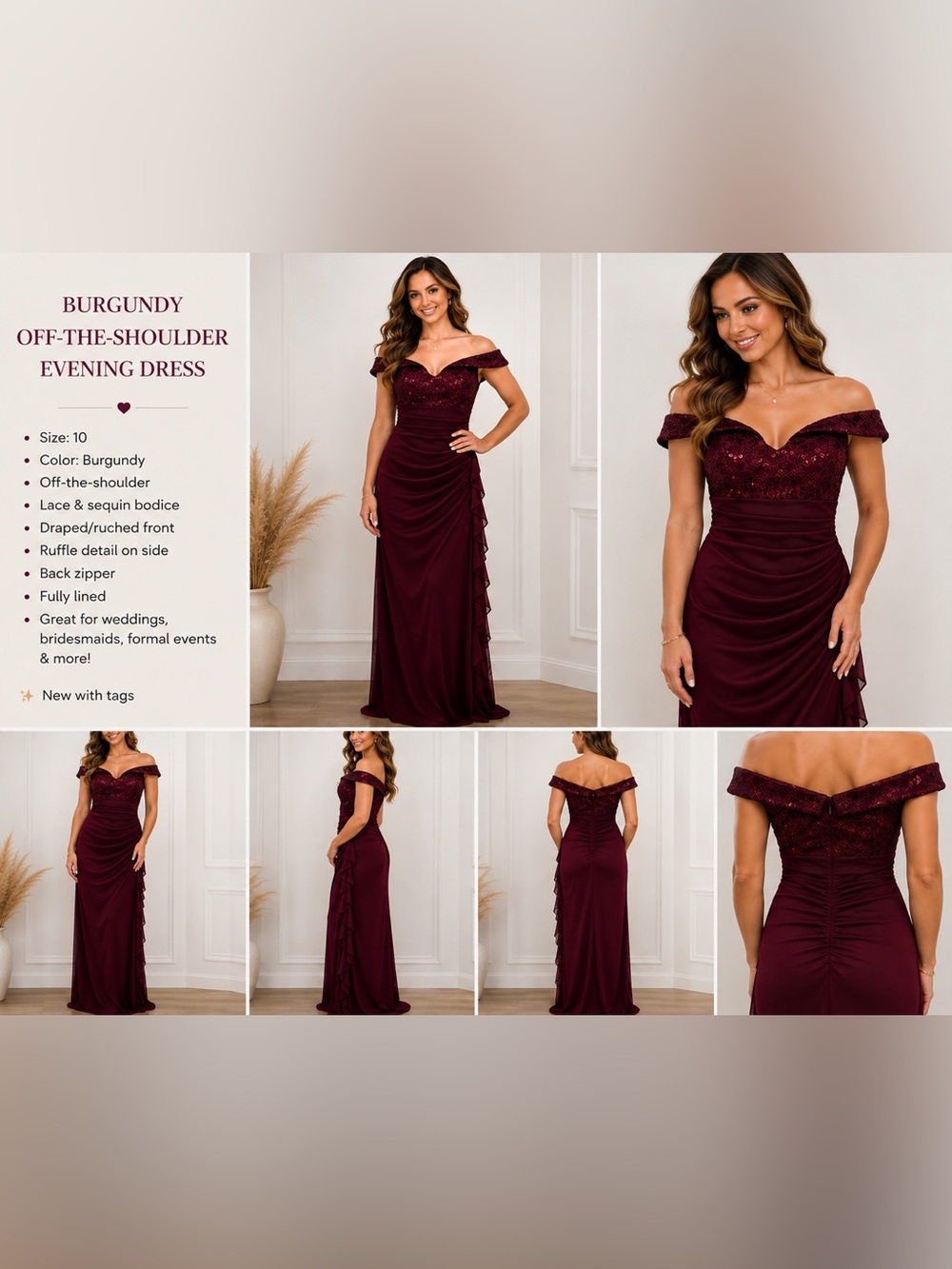 $60 Size 10 Burgundy One-Shoulder Evening Gown with Ruffled Side